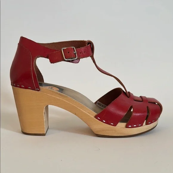 Swedish Hasbeens Red Leather T-Strap  Platform Heels EU 39 / 8-8.5 - Picture 6 of 11